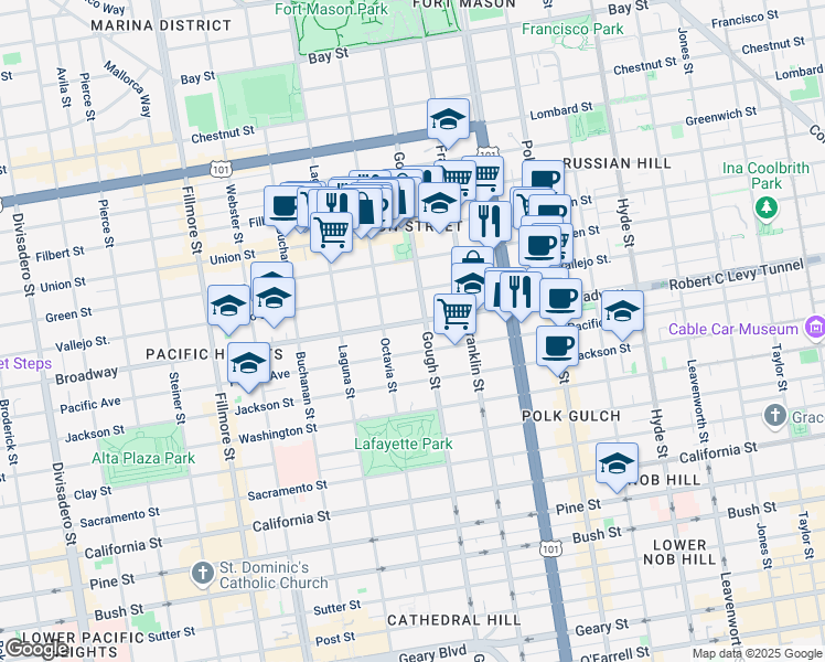 map of restaurants, bars, coffee shops, grocery stores, and more near in San Francisco