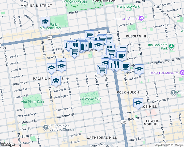 map of restaurants, bars, coffee shops, grocery stores, and more near in San Francisco