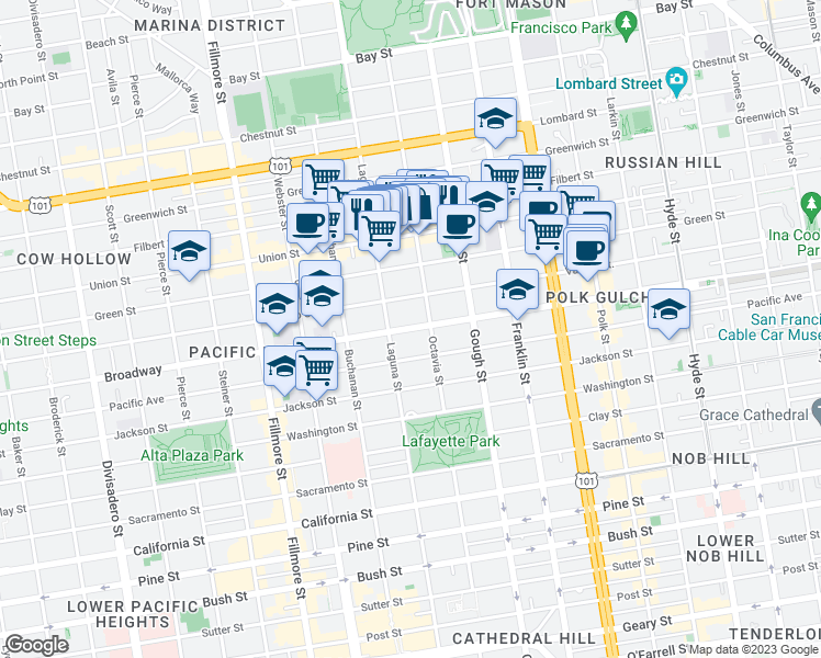 map of restaurants, bars, coffee shops, grocery stores, and more near 2511 Octavia Street in San Francisco