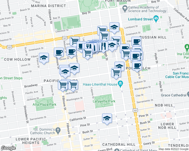 map of restaurants, bars, coffee shops, grocery stores, and more near 2511 Octavia Street in San Francisco