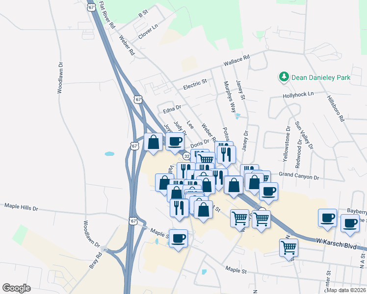 map of restaurants, bars, coffee shops, grocery stores, and more near 912 Joyce Drive in Farmington