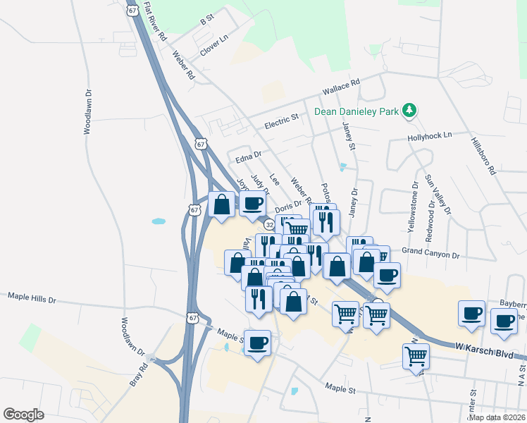map of restaurants, bars, coffee shops, grocery stores, and more near 912 Joyce Drive in Farmington