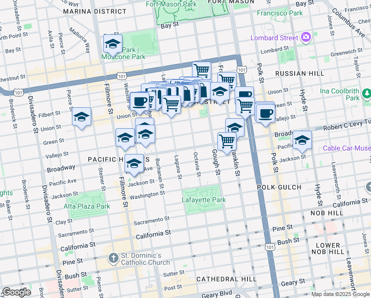 map of restaurants, bars, coffee shops, grocery stores, and more near 2511 Octavia Street in San Francisco