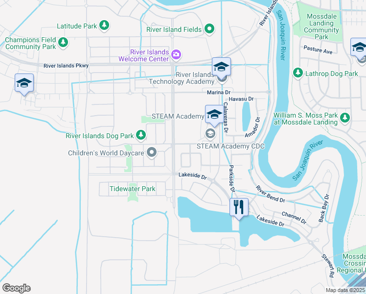 map of restaurants, bars, coffee shops, grocery stores, and more near 1328 Academy Drive in Lathrop