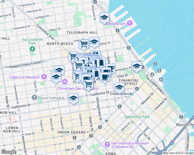 map of restaurants, bars, coffee shops, grocery stores, and more near 600 Montgomery Street in San Francisco