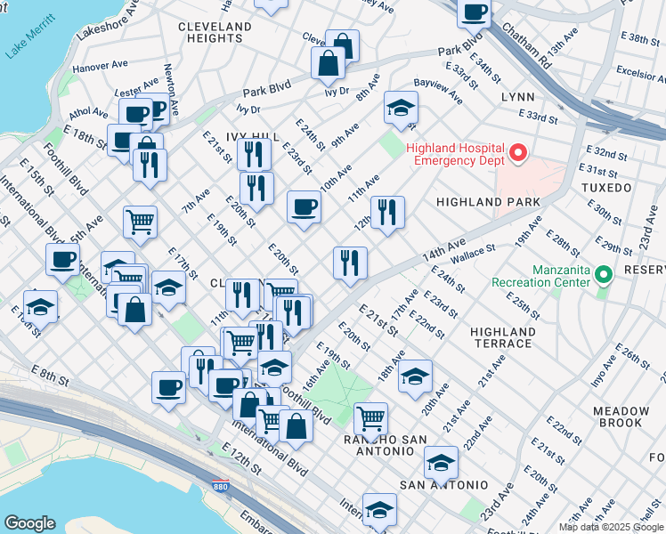 map of restaurants, bars, coffee shops, grocery stores, and more near 2118 12th Avenue in Oakland