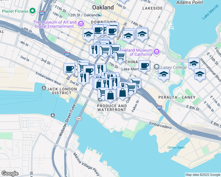 map of restaurants, bars, coffee shops, grocery stores, and more near in Oakland