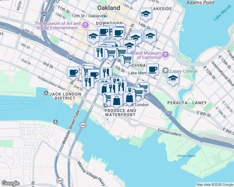 map of restaurants, bars, coffee shops, grocery stores, and more near in Oakland