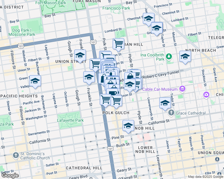map of restaurants, bars, coffee shops, grocery stores, and more near Pacific Ave & Polk St in San Francisco