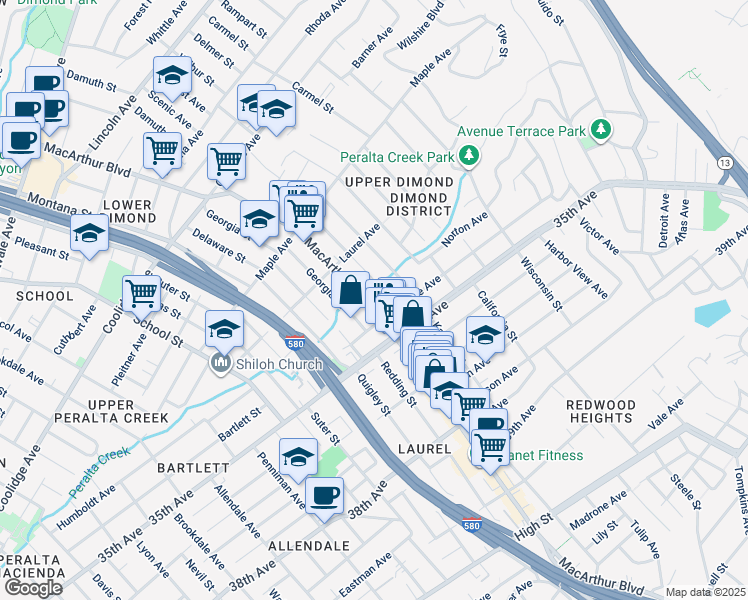 map of restaurants, bars, coffee shops, grocery stores, and more near 3300 MacArthur Boulevard in Oakland
