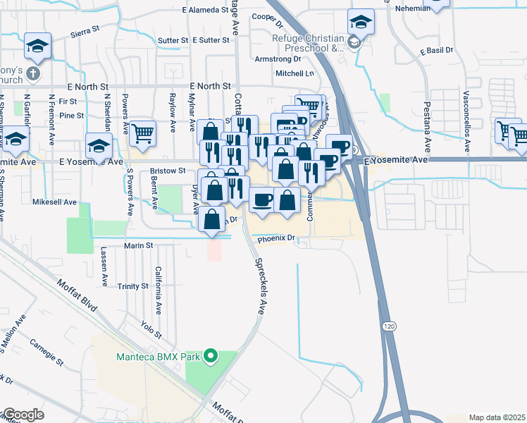 map of restaurants, bars, coffee shops, grocery stores, and more near 280 Spreckels Avenue in Manteca