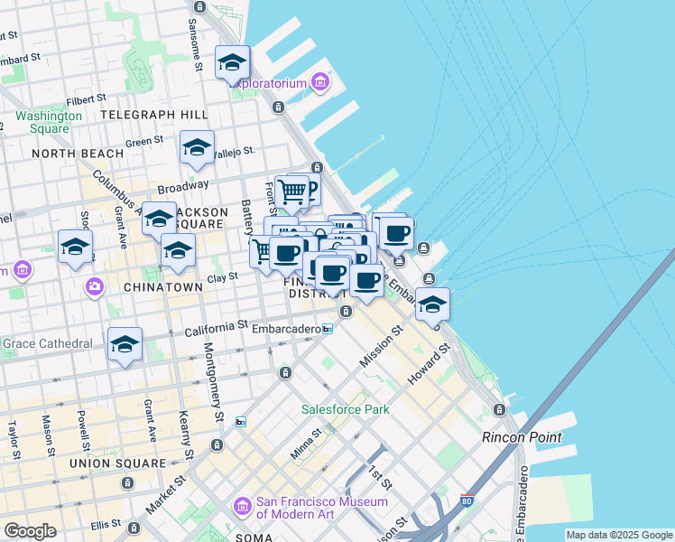 map of restaurants, bars, coffee shops, grocery stores, and more near 4 Embarcadero Center in San Francisco