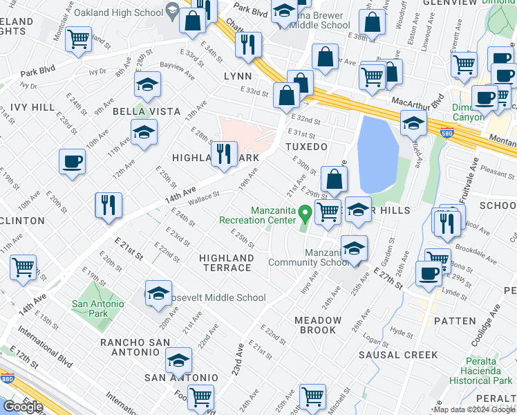 map of restaurants, bars, coffee shops, grocery stores, and more near 2001 East 27th Street in Oakland
