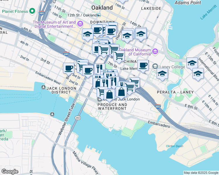 map of restaurants, bars, coffee shops, grocery stores, and more near in Oakland