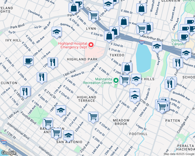 map of restaurants, bars, coffee shops, grocery stores, and more near 2001 East 27th Street in Oakland