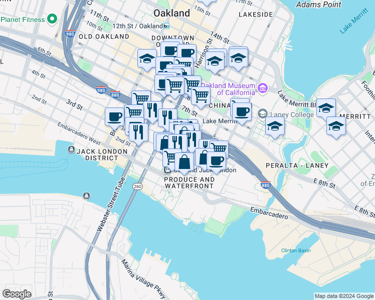 map of restaurants, bars, coffee shops, grocery stores, and more near in Oakland