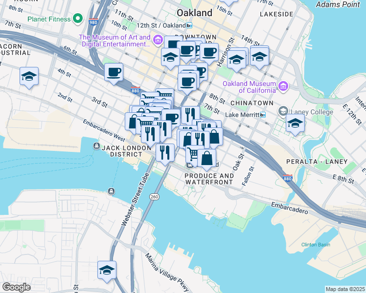 map of restaurants, bars, coffee shops, grocery stores, and more near in Oakland
