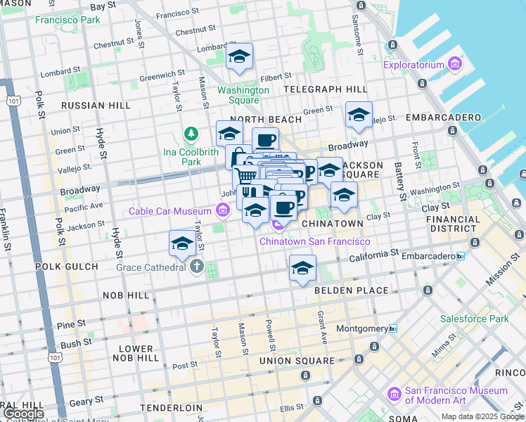 map of restaurants, bars, coffee shops, grocery stores, and more near 954 Washington Street in San Francisco