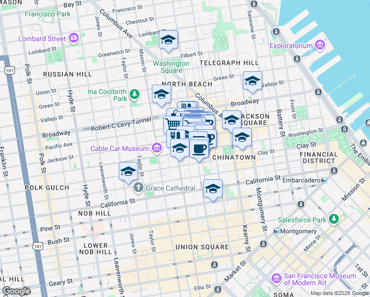 map of restaurants, bars, coffee shops, grocery stores, and more near 954 Washington Street in San Francisco