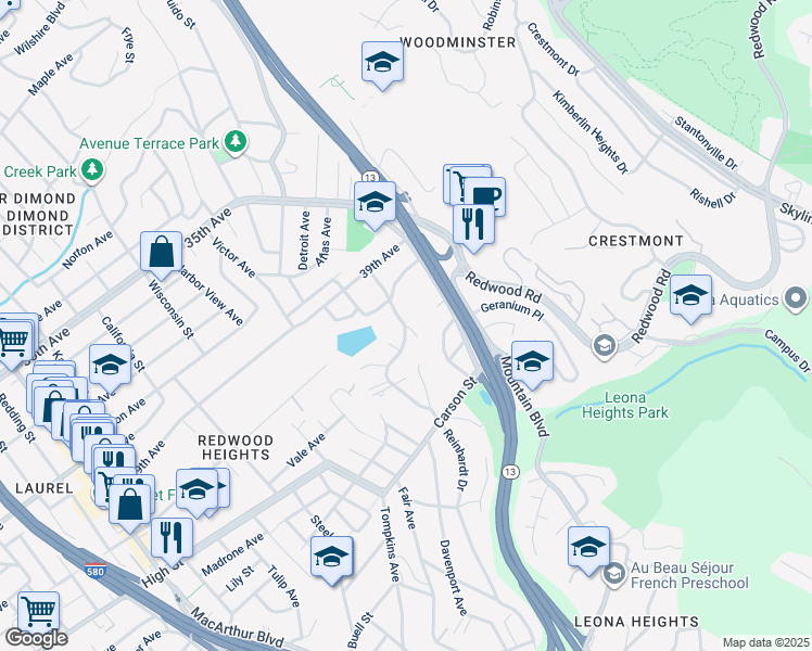 map of restaurants, bars, coffee shops, grocery stores, and more near Reinhardt Drive & Gregory Street in Oakland