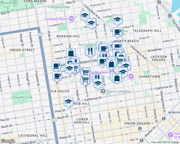 map of restaurants, bars, coffee shops, grocery stores, and more near 1230 Jackson Street in San Francisco