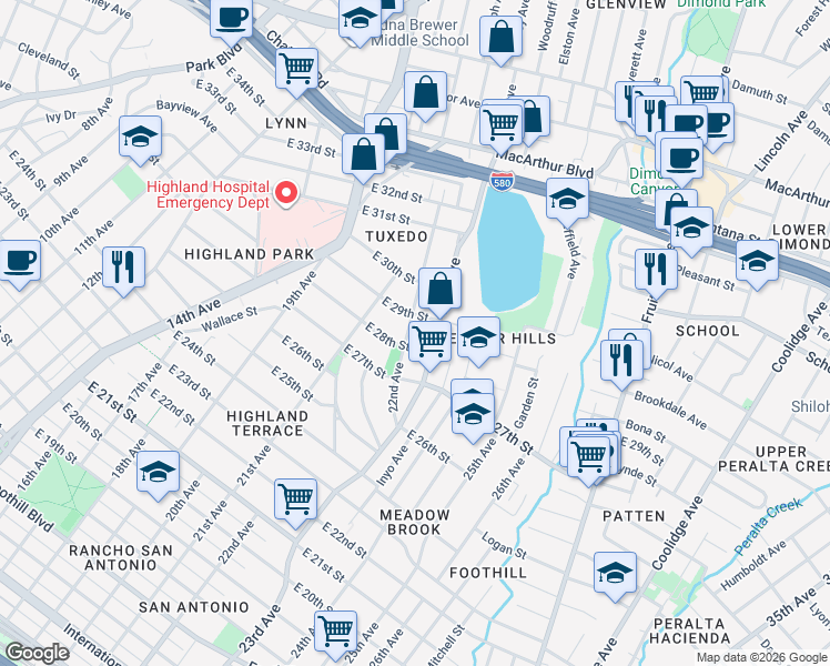 map of restaurants, bars, coffee shops, grocery stores, and more near 2839 22nd Avenue in Oakland