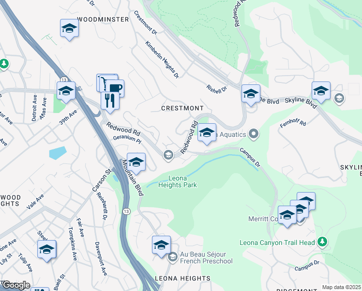 map of restaurants, bars, coffee shops, grocery stores, and more near 2 Sereno Circle in Oakland