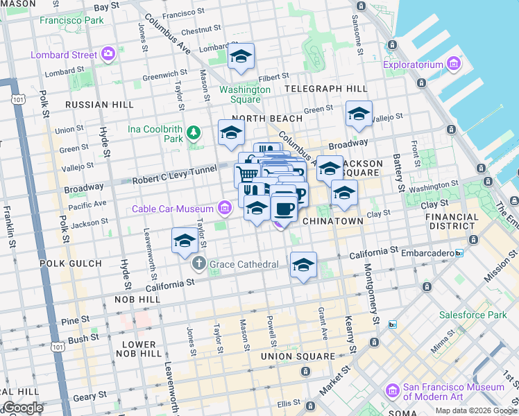 map of restaurants, bars, coffee shops, grocery stores, and more near 845 Jackson Street in San Francisco