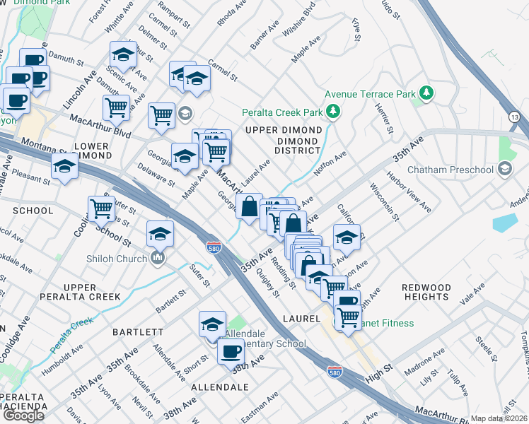 map of restaurants, bars, coffee shops, grocery stores, and more near 3300 MacArthur Boulevard in Oakland