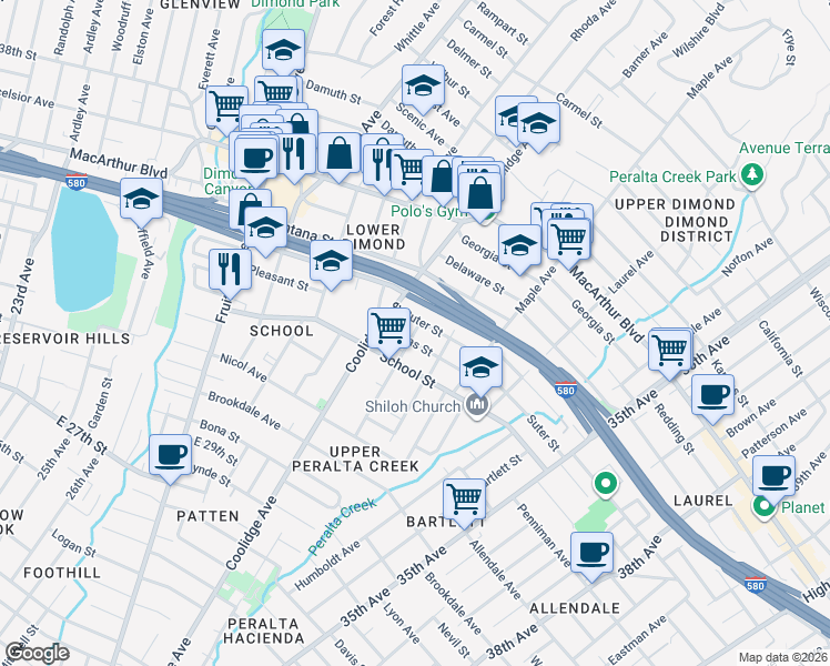 map of restaurants, bars, coffee shops, grocery stores, and more near in Oakland