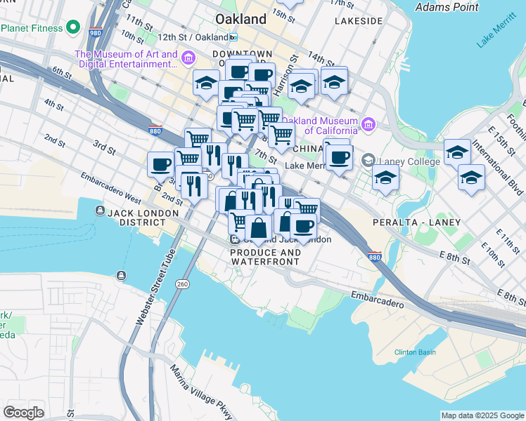 map of restaurants, bars, coffee shops, grocery stores, and more near in Oakland