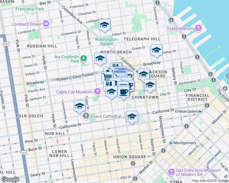 map of restaurants, bars, coffee shops, grocery stores, and more near 845 Jackson Street in San Francisco