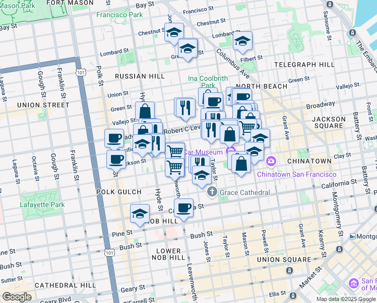 map of restaurants, bars, coffee shops, grocery stores, and more near 1535 Jones Street in San Francisco