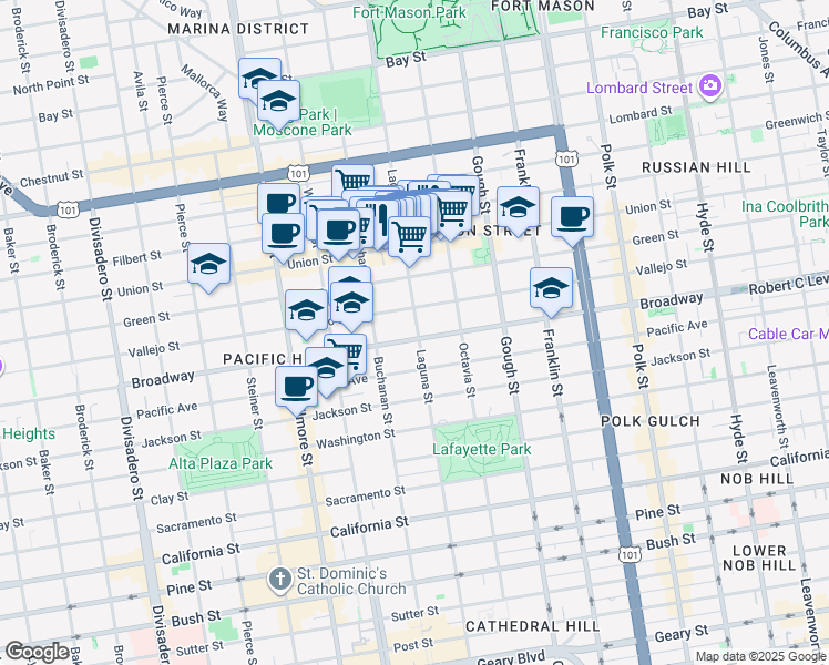 map of restaurants, bars, coffee shops, grocery stores, and more near 2620 Laguna Street in San Francisco