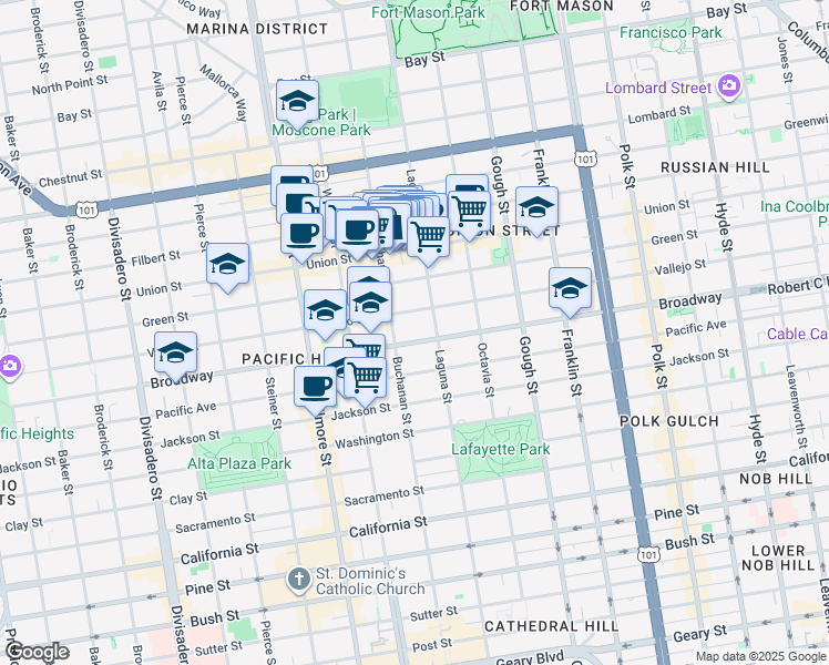 map of restaurants, bars, coffee shops, grocery stores, and more near in San Francisco