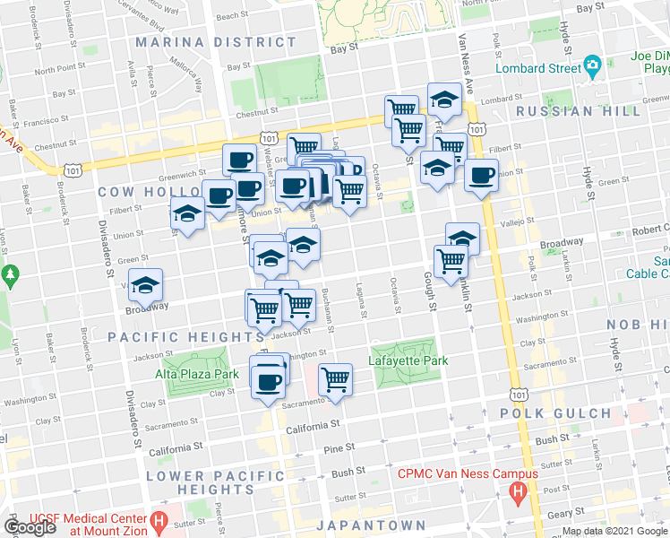 map of restaurants, bars, coffee shops, grocery stores, and more near in San Francisco