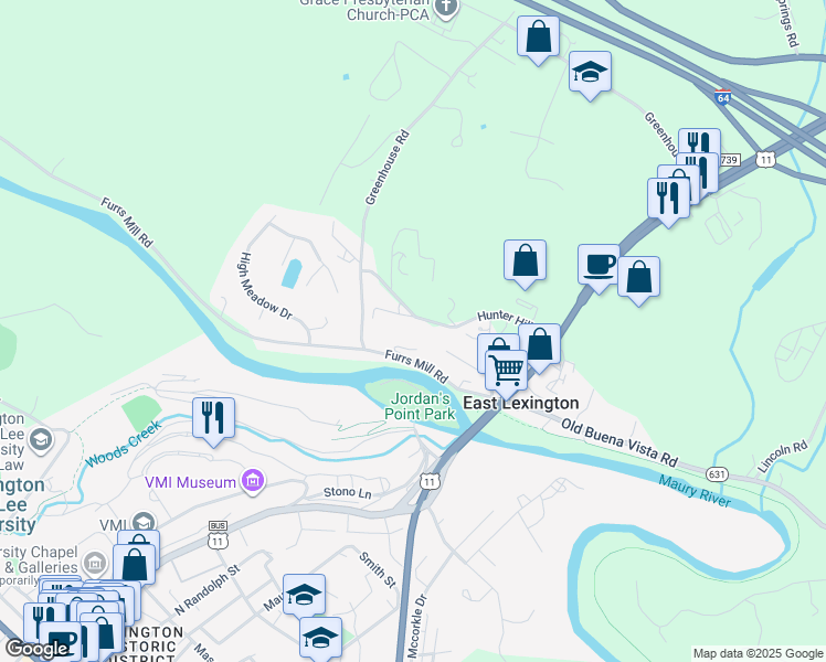 map of restaurants, bars, coffee shops, grocery stores, and more near 21 Hunter Hill Road Exd in Lexington