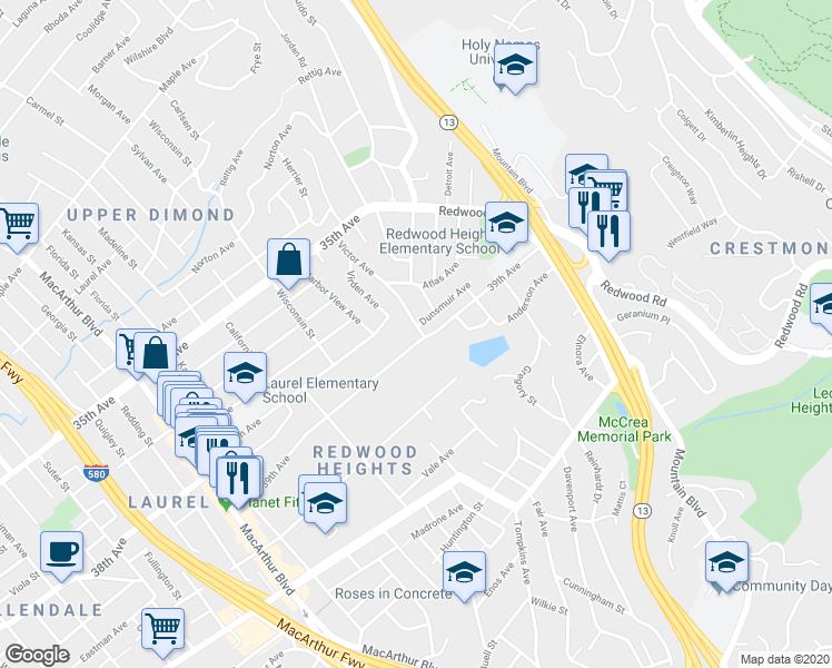 map of restaurants, bars, coffee shops, grocery stores, and more near 3835 Victor Avenue in Oakland