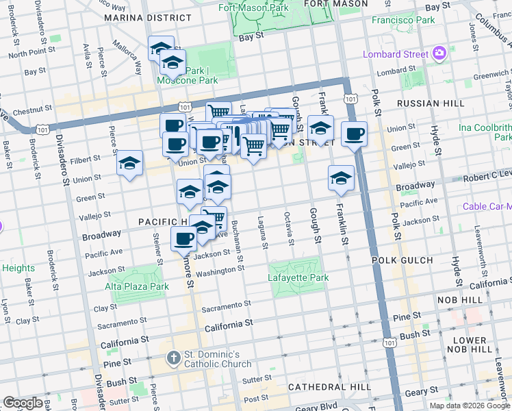 map of restaurants, bars, coffee shops, grocery stores, and more near 2620 Laguna Street in San Francisco