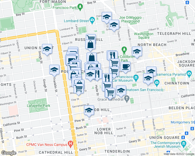 map of restaurants, bars, coffee shops, grocery stores, and more near 1387 Pacific Avenue in San Francisco
