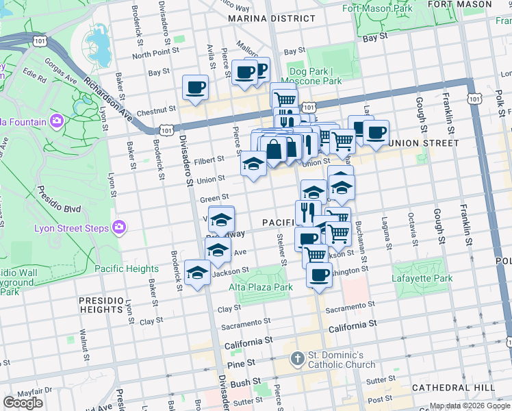 map of restaurants, bars, coffee shops, grocery stores, and more near 2327 Green Street in San Francisco