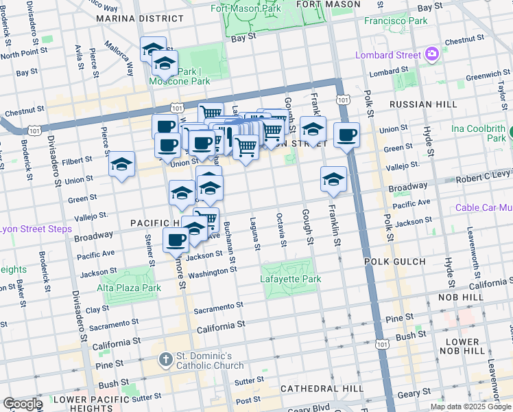 map of restaurants, bars, coffee shops, grocery stores, and more near 1998 Broadway Street in San Francisco
