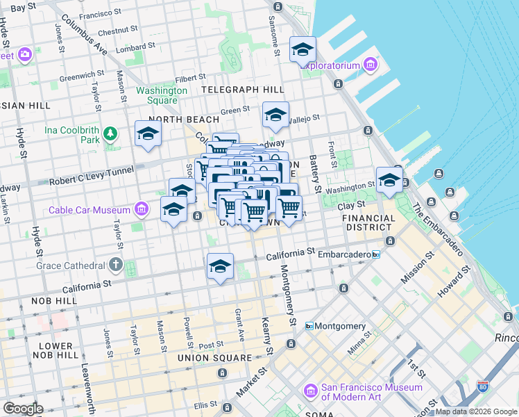 map of restaurants, bars, coffee shops, grocery stores, and more near 750 Kearny Street in San Francisco