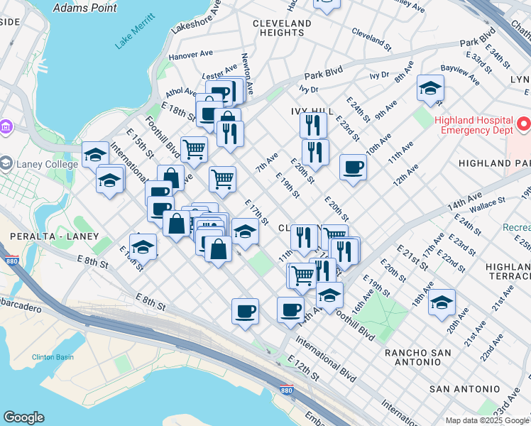 map of restaurants, bars, coffee shops, grocery stores, and more near 1715 9th Avenue in Oakland