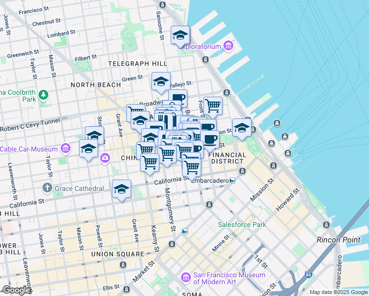 map of restaurants, bars, coffee shops, grocery stores, and more near 500 Sansome Street in San Francisco