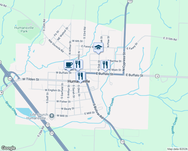 map of restaurants, bars, coffee shops, grocery stores, and more near 300-408 East Buffalo Street in Humansville