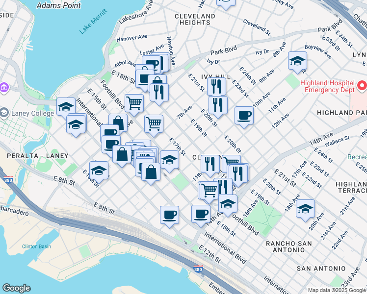 map of restaurants, bars, coffee shops, grocery stores, and more near 1715 9th Avenue in Oakland