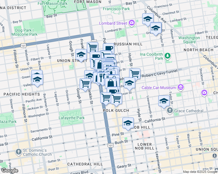 map of restaurants, bars, coffee shops, grocery stores, and more near 1601 Pacific Avenue in San Francisco