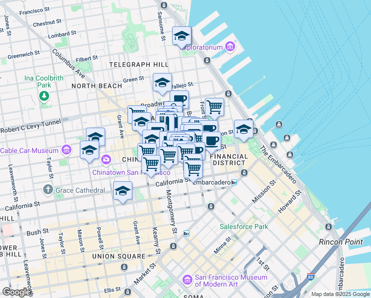 map of restaurants, bars, coffee shops, grocery stores, and more near 500 Sansome Street in San Francisco