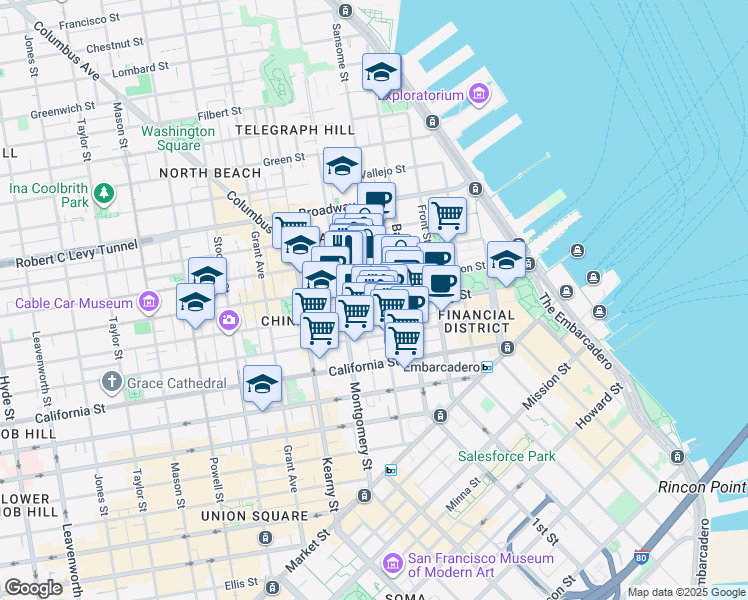 map of restaurants, bars, coffee shops, grocery stores, and more near 505 Sansome Street in San Francisco
